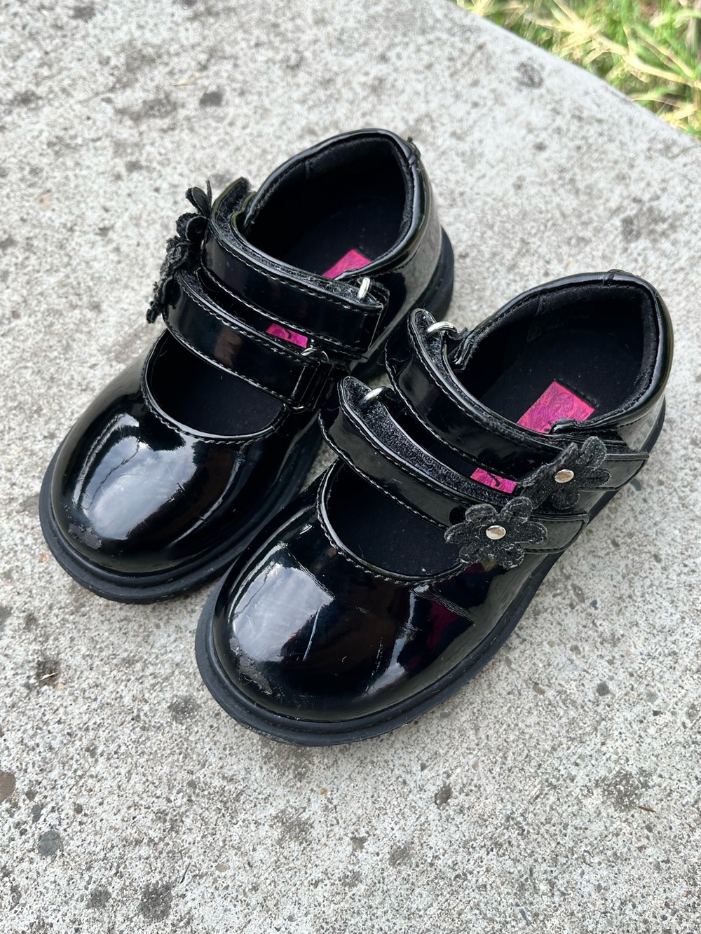 Rachel Shoes Black Patent Mary Janes with Flower Accent